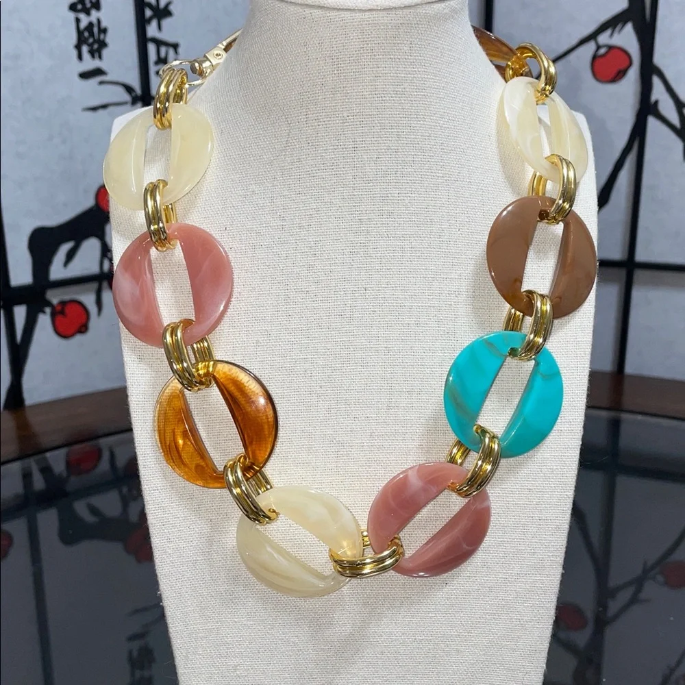Multicolor Resin & Gold-Link Statement Necklace